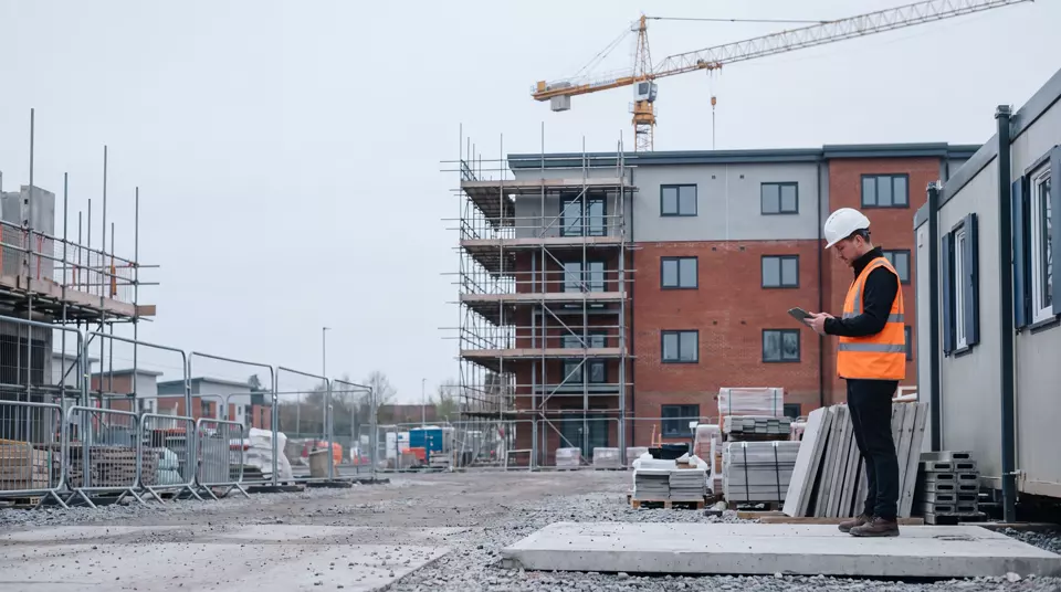 A consultant in a hard hat and hi-vis reviewing a tablet on a residential construction site