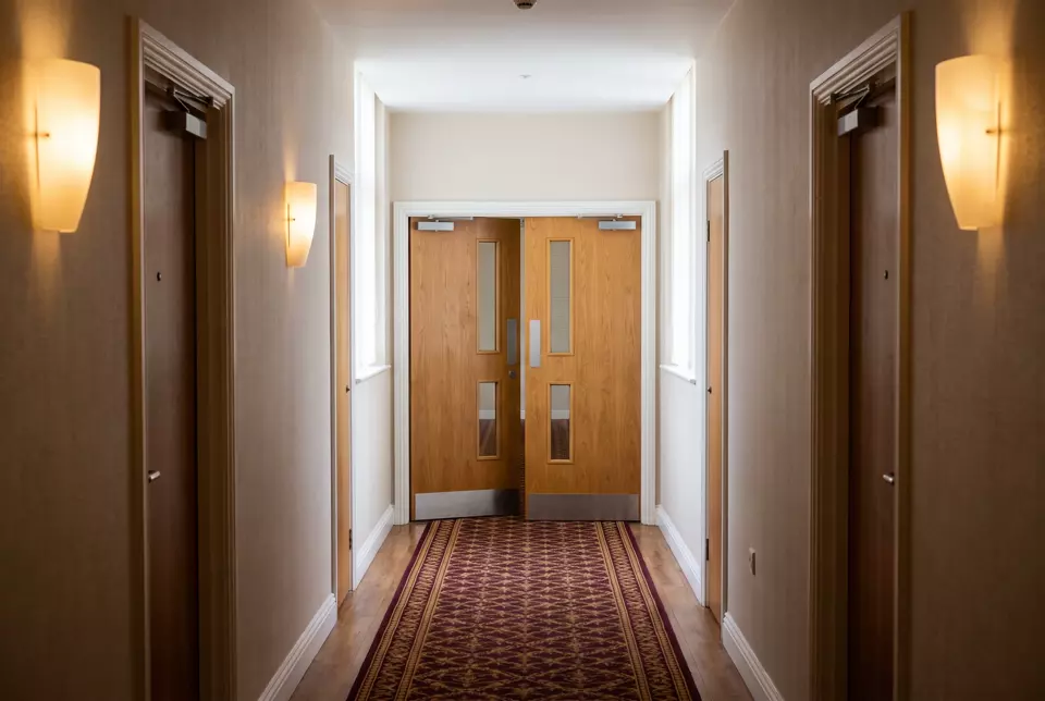 A hotel bedroom corridor with fire doors part way along
