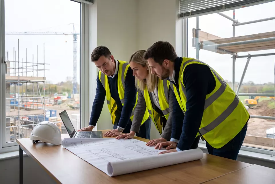 A project team reviewing drawings in a site office