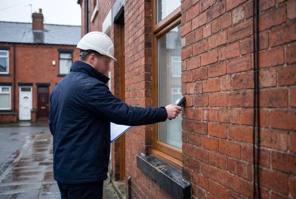 A building surveyor checking a brick terrace wall with a moisture meter