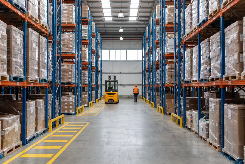 A logistics warehouse with pallet racking and marked walkways